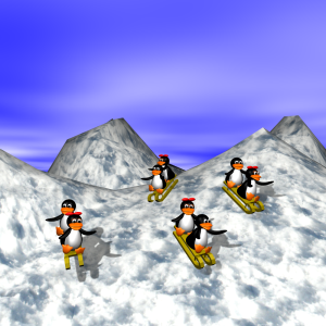 penguins sledding down mountain